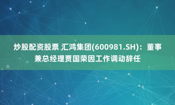 炒股配资股票 汇鸿集团(600981.SH):董事兼总经理贾国荣因工作调动辞任